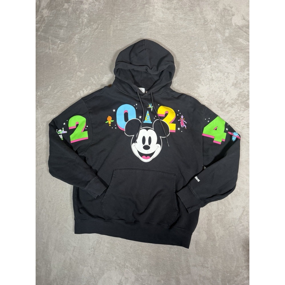 Disney Parks 2024 Mickey Mouse Hoodie Black Neon Characters Pullover Adult L
